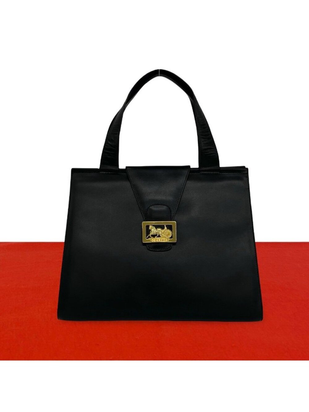 Celine Vintage Horse Carriage Logo Leather Tote Bag Black